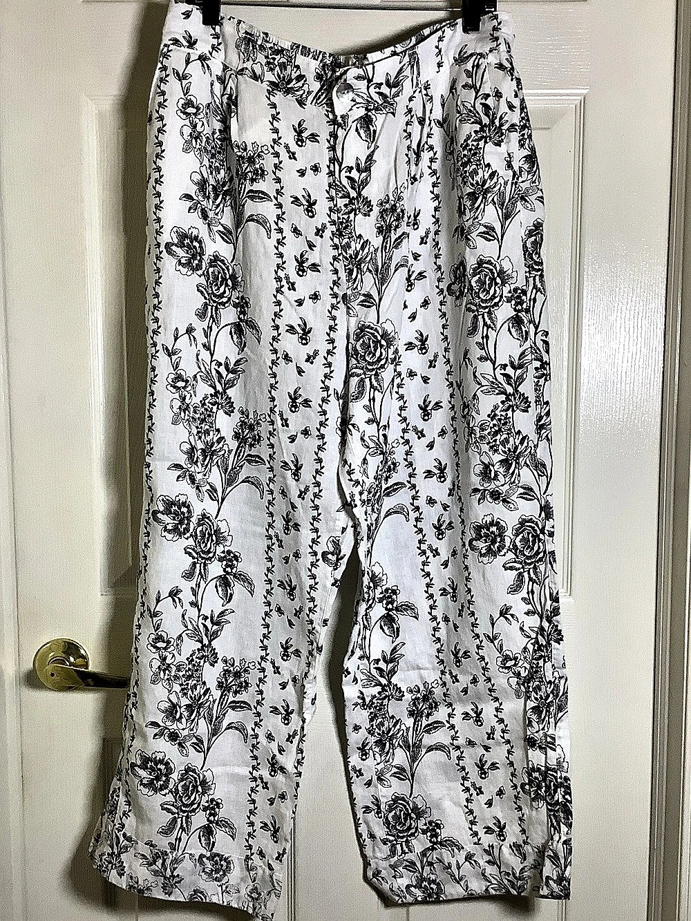 Joie Floral Linen Wide Leg Pants in White & Black Size XL